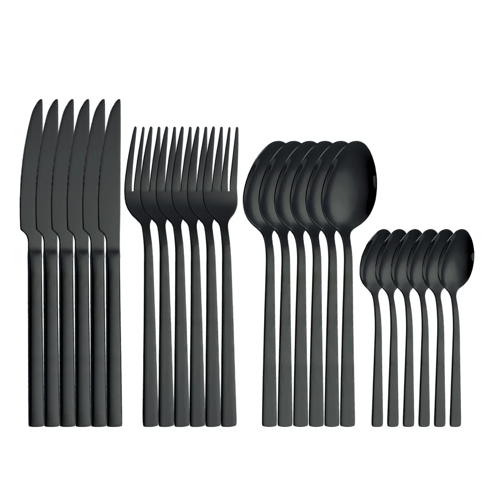 

24pcs Black Stainless Steel Cutlery Set Kitchen Knives Forks Spoons Set Luxury Dinnerware Set Wedding Mirror Spoons Tableware