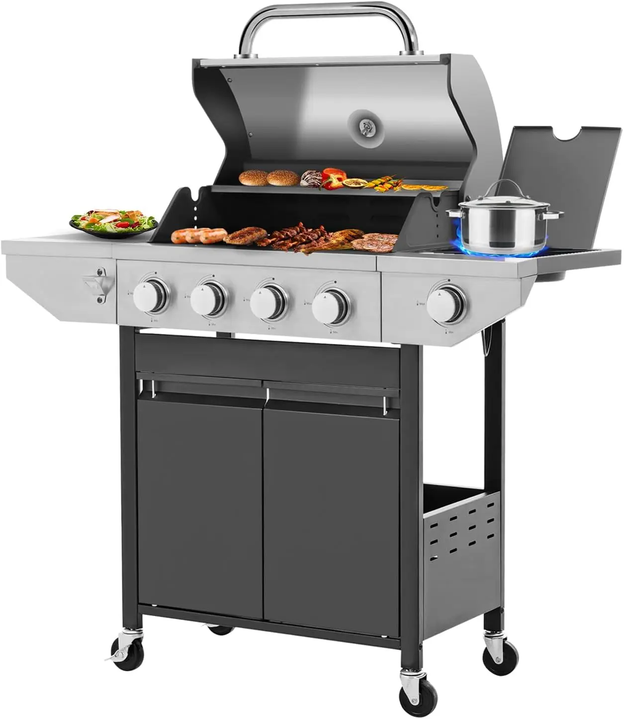 Parrilla de Gas propano con quemador lateral, parrilla de barbacoa al aire libre con rejillas de hierro fundido esmaltadas en porcelana, acero inoxidable
