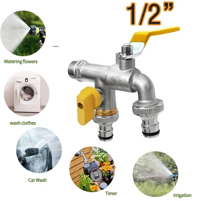 1pc Outdoor Garden Water Faucet 1 Inlet 2 Outlet 1/2