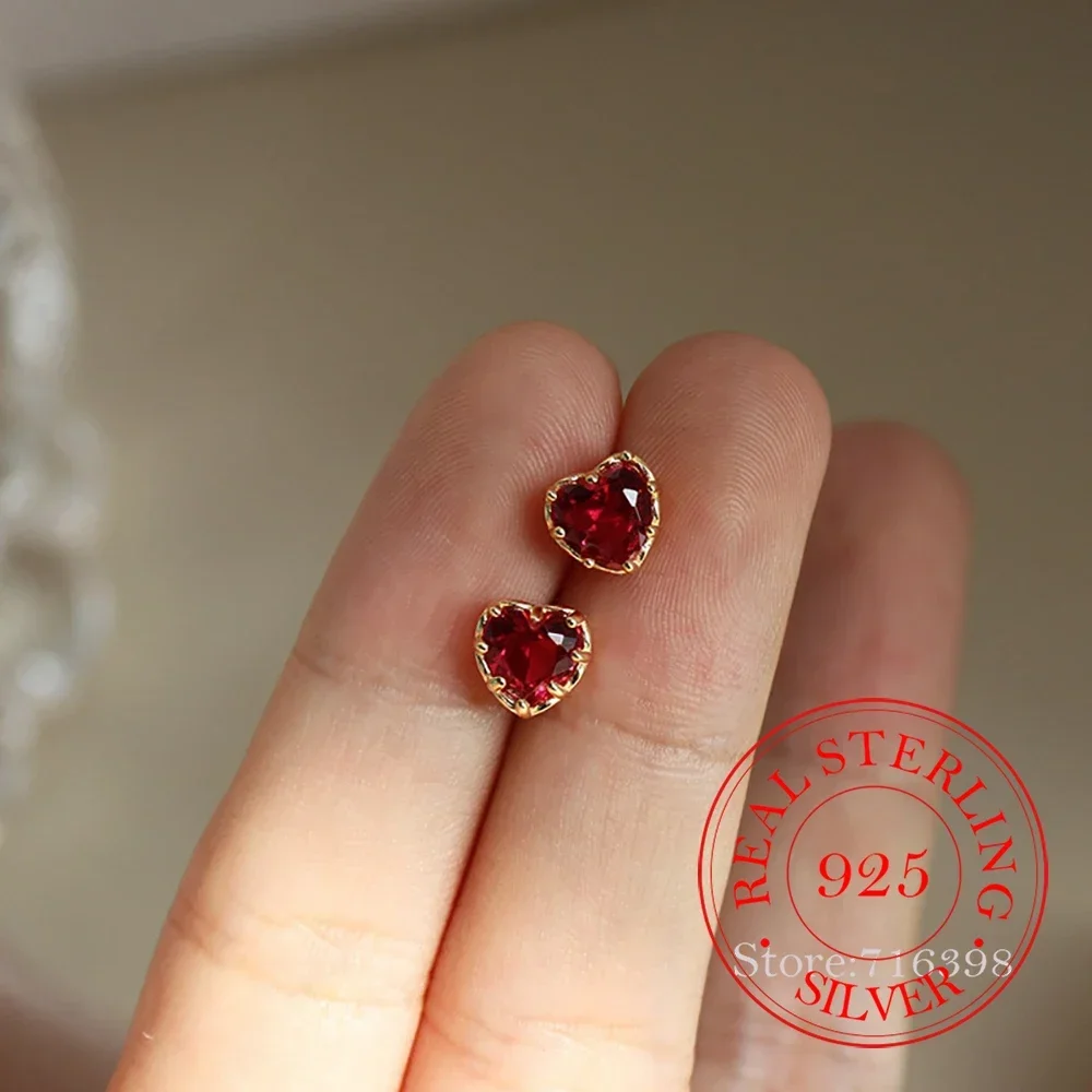 

100% Real 925 Sterling Silver Red Heart Stud Earrings For Women Luxury Temperament Ear Studs Jewelry Accessories Girlfriend Gift