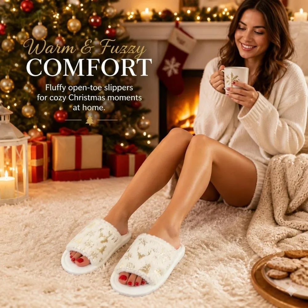 Open-Toe Christmas Tree Slippers Embroidered Snowflake Xmas Tree Furry Slippers Plus Velvet One-Step Women Home Slippers - view 4