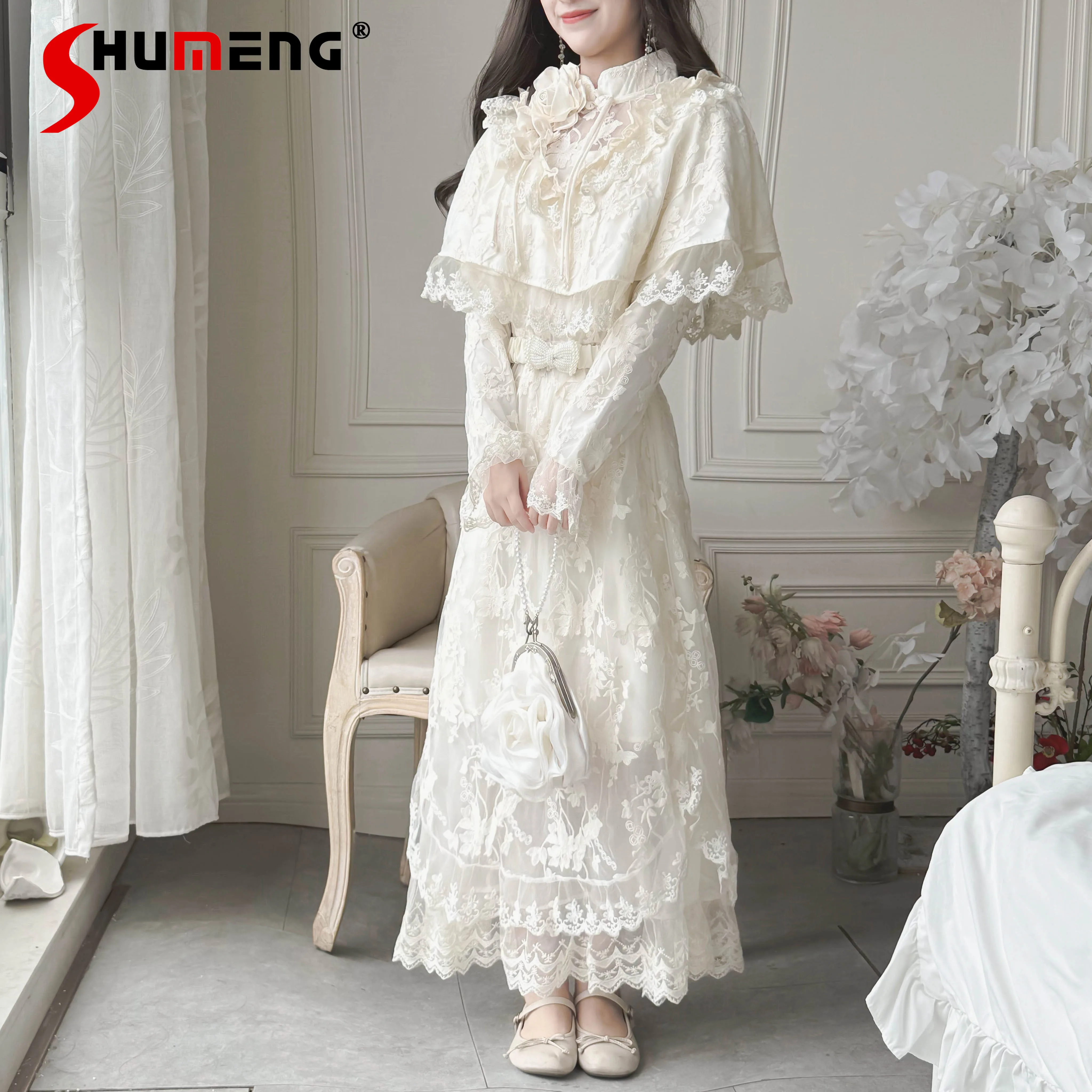 

Original French Elegant Long Dress Autumn Winter Women's High Waist Slim Exquisite Lace Cape Dress Women's Lolita Vintage Dress