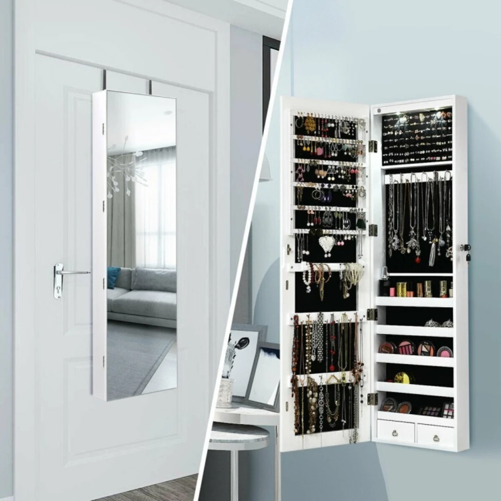 Jewelry Cabinet Lockable Armoire Storage Wall Mounted Full Length Mirror w/Light