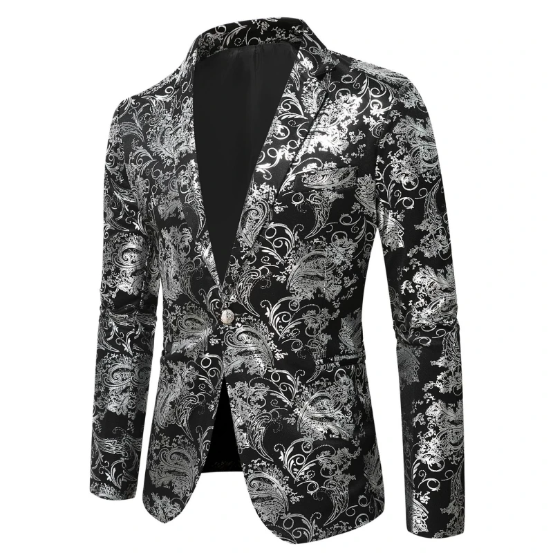 2024 Spring Men\'s Golden Floral Blazer Coats Business Casual Suit Wedding Dress Gold Blazer Men