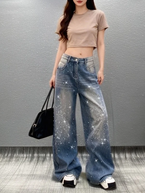 

iny Rhinestone Embellied High Waist Straight Leg Wide Leg Jeans Sparkling Slimming Women's Faion Spring Casual Denim
