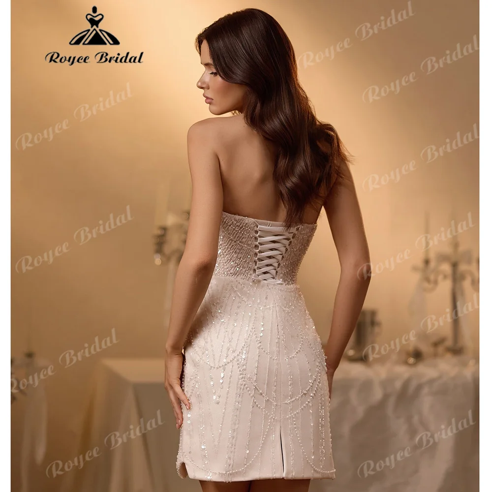 Roycebridal Strapless Full Beaded Sequin Mini Wedding Dress Pearl Rhinestone Lace Up Back Vestido De Novia Customized