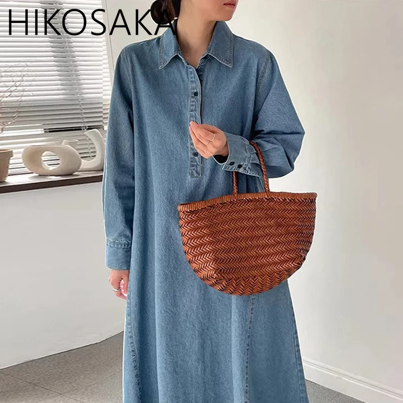 Korea Chic Big Swing French Style Vestidos Single Breasted Loose Mid-length Cowboy Dress Casual Long Sleeve Elegant Femme Robe