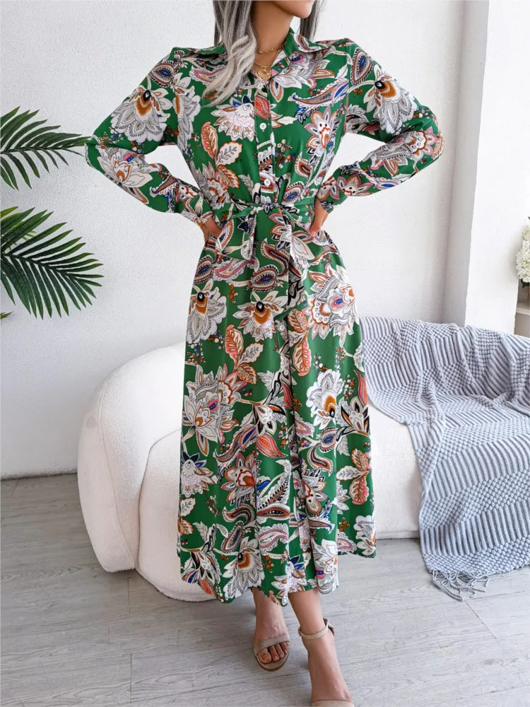 Shirt Dresses For Women Spring Floral Print Button Elegant Lace-up Long Dress Fashion Party Dresses Robe Femme