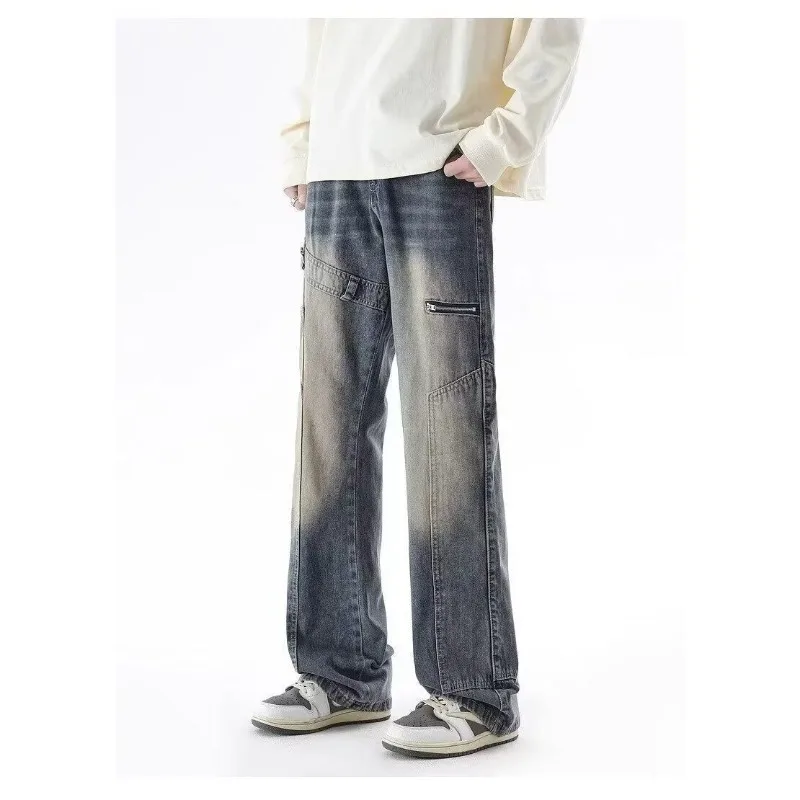 Men Wide Leg Cargo Jeans Vintage Washed Multi Pocket Loose Denim Trousers