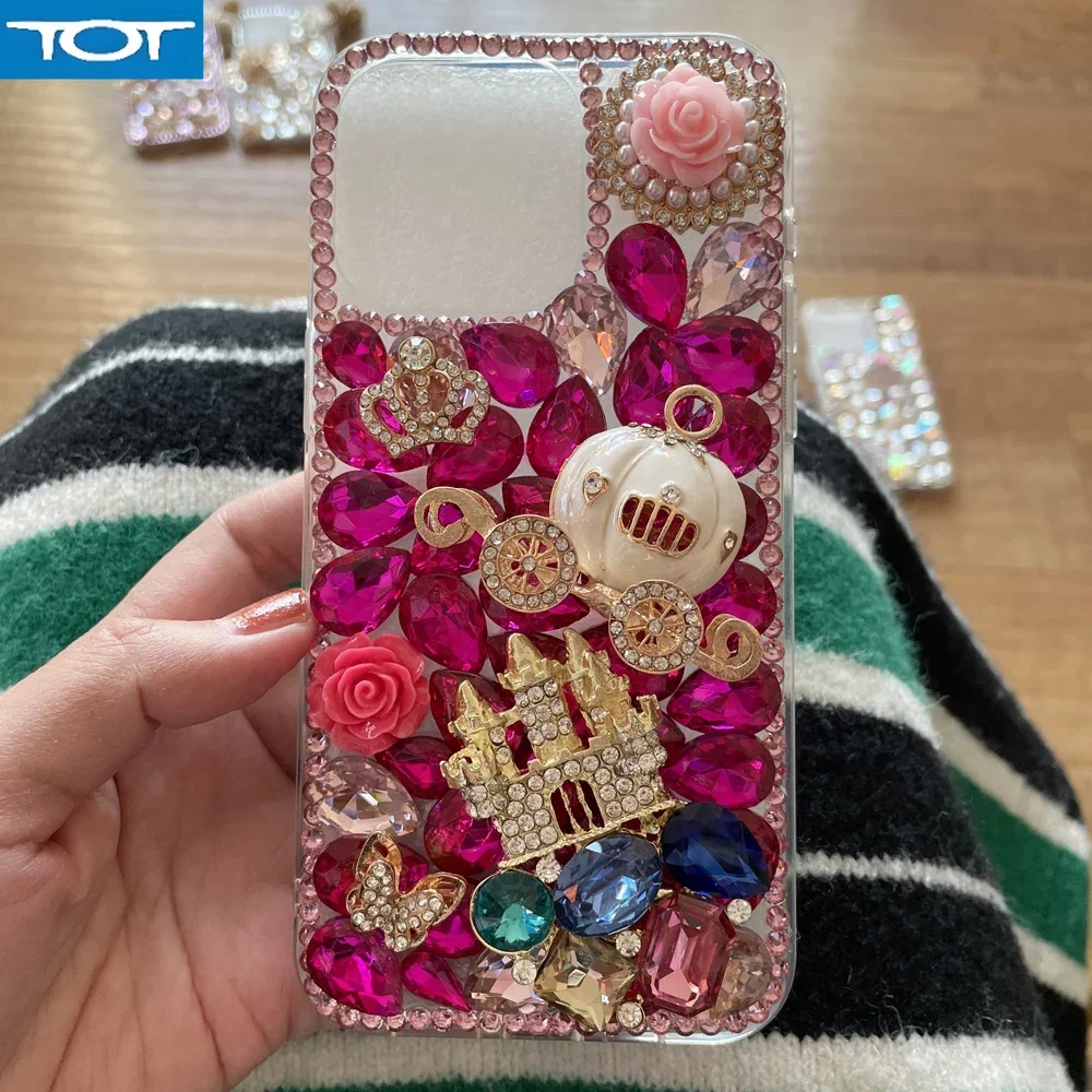

Rose Pink Phone Case For iPhone 16 15 13 12 14 Pro Max SE 2020 8 7 Plus XR X XS Max Bling Glitter Cover Pumpkin castle Design