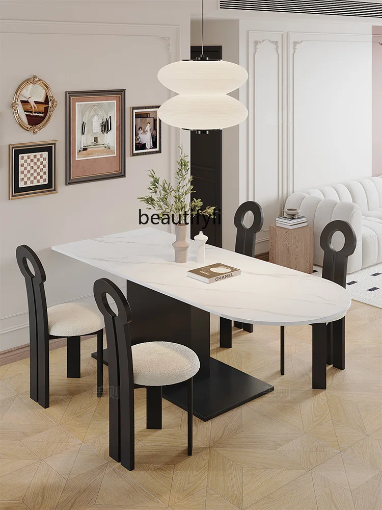 Half Ellipse Dining Table Wall Small Apartment Living Room Light Luxury High-Grade Cream Style Stone Plate Dining Table