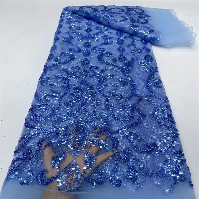 African Lace Fabric 5 Yards Latest Nigerian Laces Fabric Blue High Quality Embroidered Net Fabric Mesh Lace French Sequins Lace