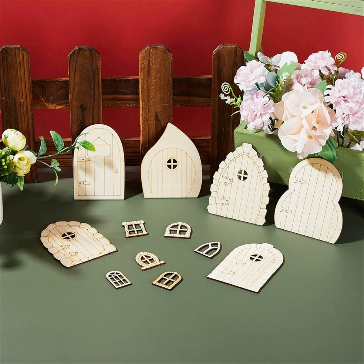 A013 48 peças porta de fadas portas de jardim de madeira artesanato mini janela kit de casa de fadas porta em miniatura inacabada janela de fadas sem pintura