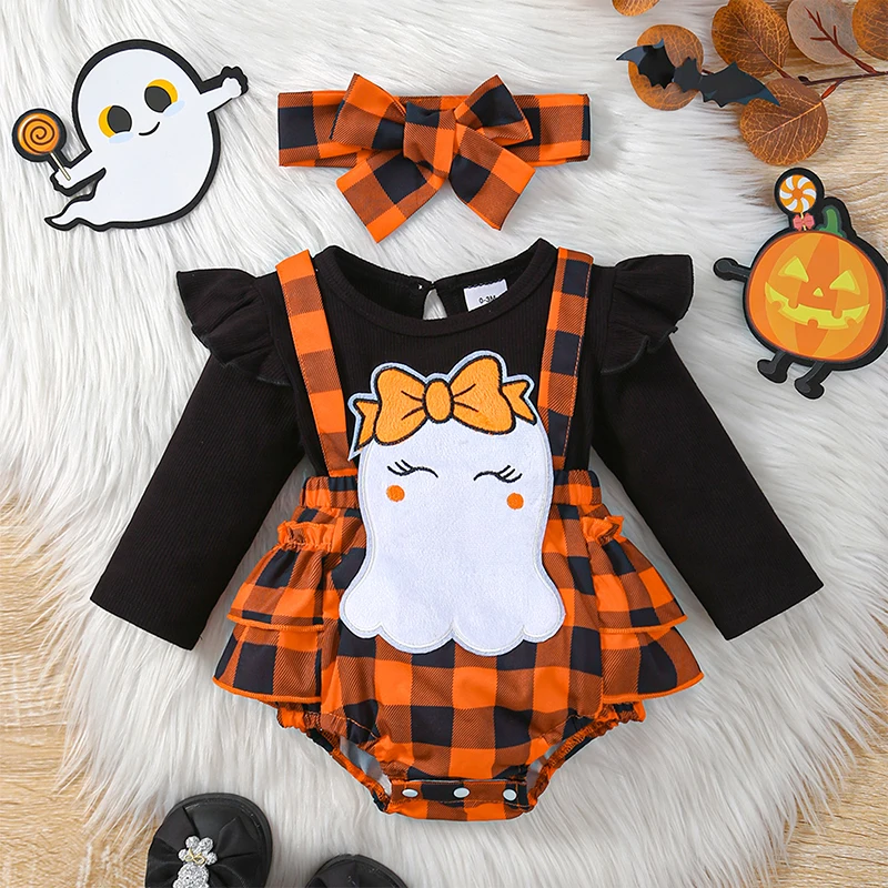 Newborn Infant Baby Girl Halloween Outfits Ghost Patch Plaid Ruffle Long Sleeve Romper Dress Bow Headband Casual Clothes