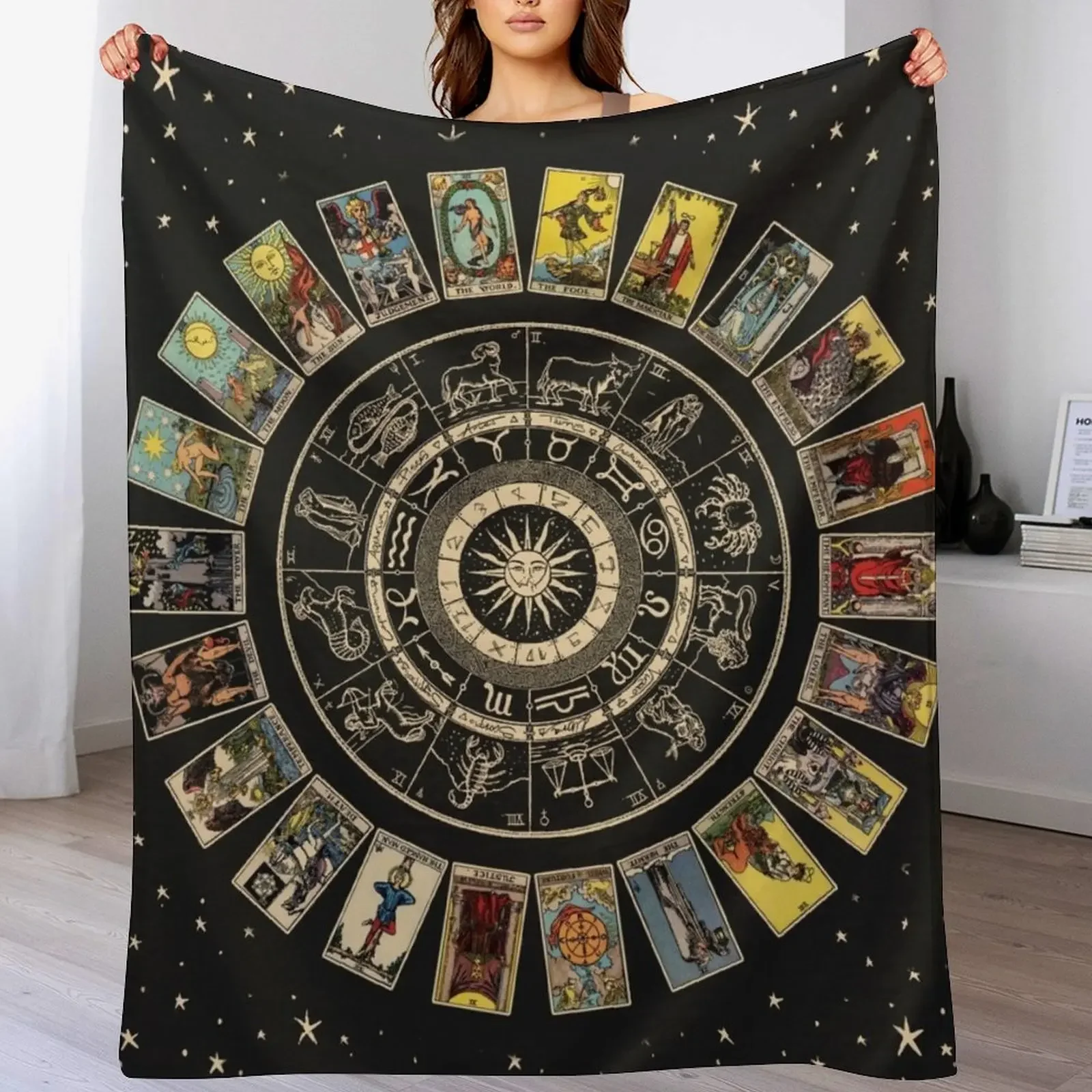 Wheel of the Zodiac, Astrology Chart and the Major Arcana Tarot Throw Blanket Bed Fashionable Softest Blankets