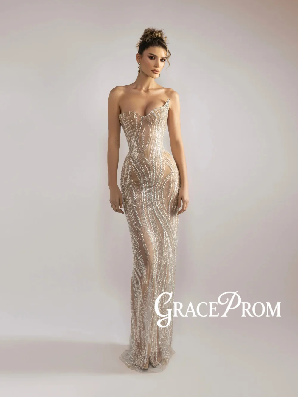 

Floor-length Luxury Beaded Evening Dress Sexy Sleeveless Backless Wedding Party Gown Customized Attractive Red Carpet Gowns