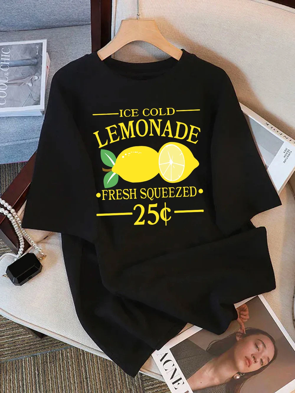 

Summer T-Shirts Women Cotton Ice Cold Lemonade Fresh Squeezed Print Tops O-Neck Comfortable Loose T Shirt Holiday Woman Clothes