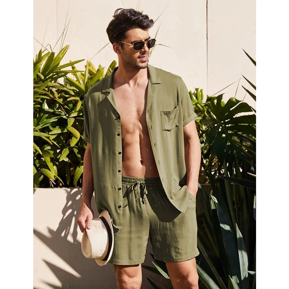 2024 Summer Casual Short-sleeved Linen Shirts Mens Shorts Loose Sweatpants Men Clothes Sweatshirts 2 Pieces Suits Tracksuit 3XL