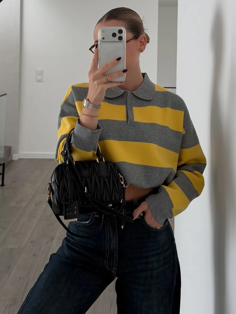 HH-Jersey de punto a rayas con cuello tipo Polo informal para mujer, suéter de manga larga para primavera y otoño, prendas de punto holgadas y elegantes para mujer