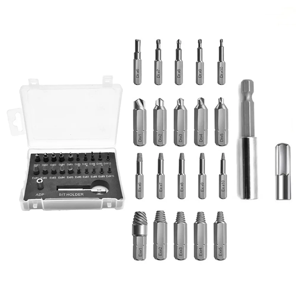 22pcs Damaged Screw Extractor Stripped Screws Remover Broken Rusty Bolt Extractor Spiral Drill Bit Woodworker Hand Tools