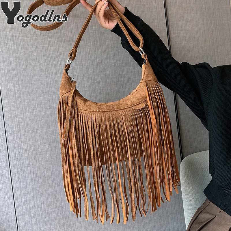 Women\'s Vintage Tassle Suede Shoulder Crossbody Bags for Ladies PU Leather Armpit Hobos Bag Large Capacity Design Handbags Purse