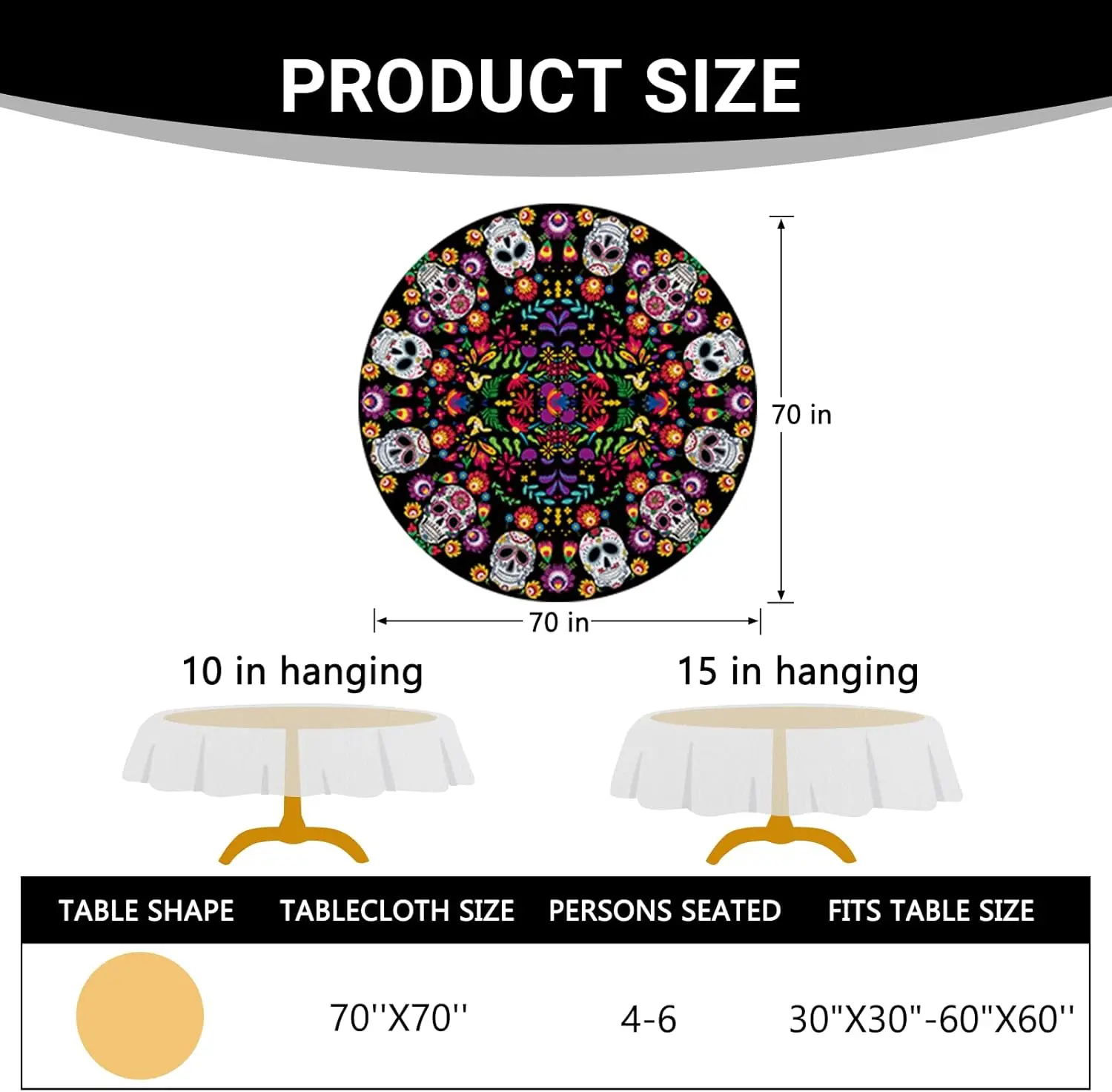 Dia De Los Muertos Sugar Skull Flower Round Tablecloth Day of The Dead Mexico Floral Decorative Dining Table Cloth