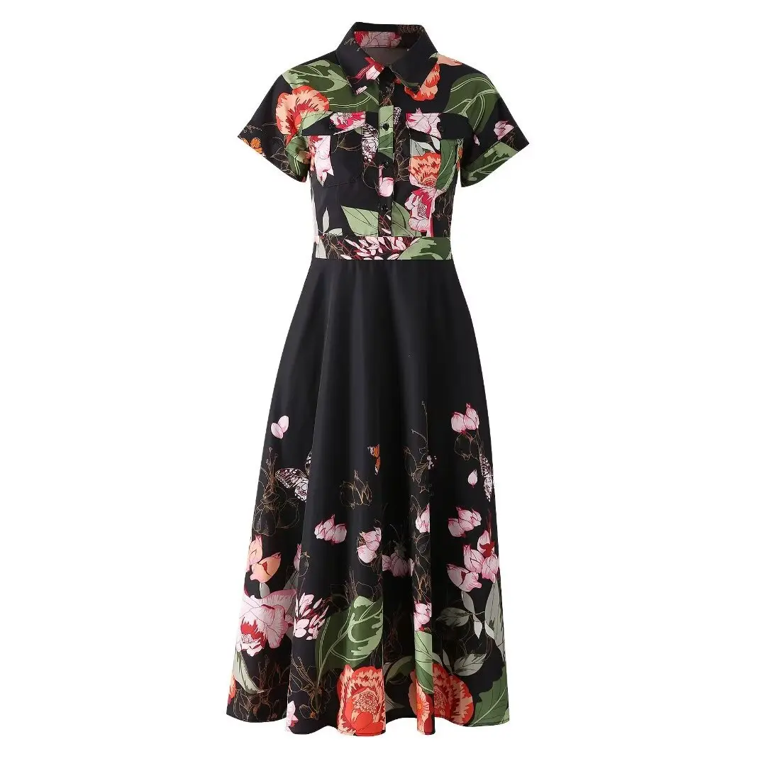 ZJYT Runway 2025 Spring Summer Floral Print Midi Shirt Dress Women Fashion Short Sleeve White Black Casual Holiday Dress Female