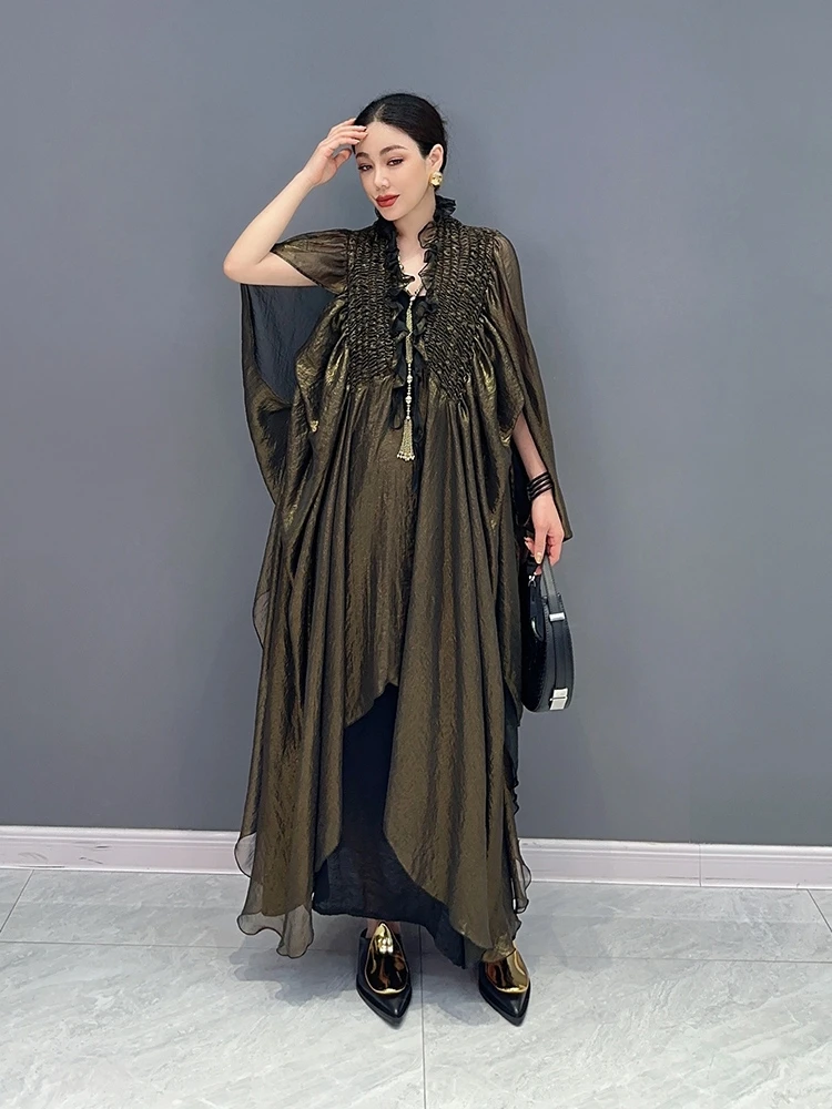 The new summer 2023 women long coat dust coat cloak cloak luxuriant satin pressure plait loose loose skirt joker