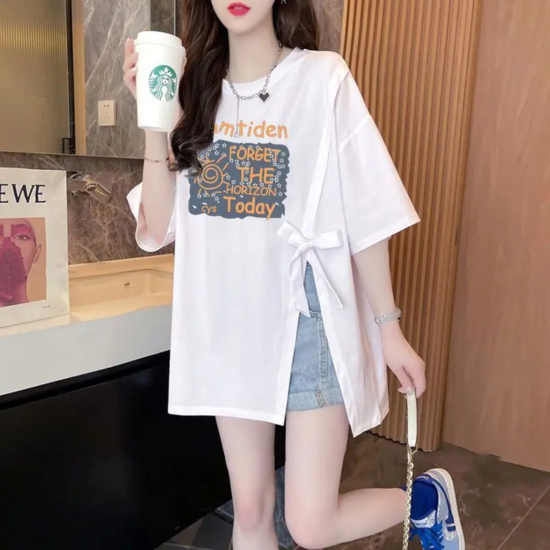 Street Casual Bow Patchwork T Shirts Short Sleeve Letter Printing Loose Solid Tops Harajuku Fashion Women Clothing Summer New