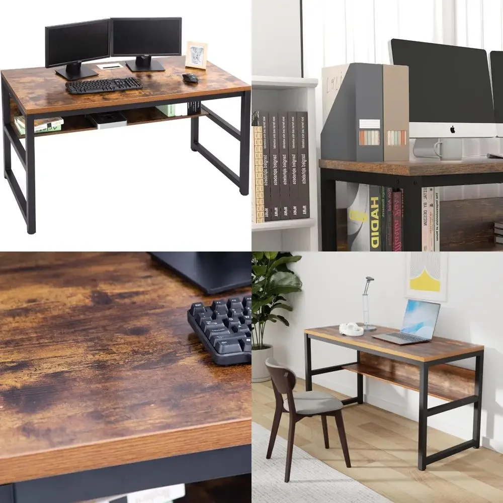 โต๊ะทำงานไม้สีน้ำตาลแบบเรียบง่ายพร้อมชั้นวางหนังสือและที่จัดการสายเคเบิลโลหะ หนา 1.18 (55)