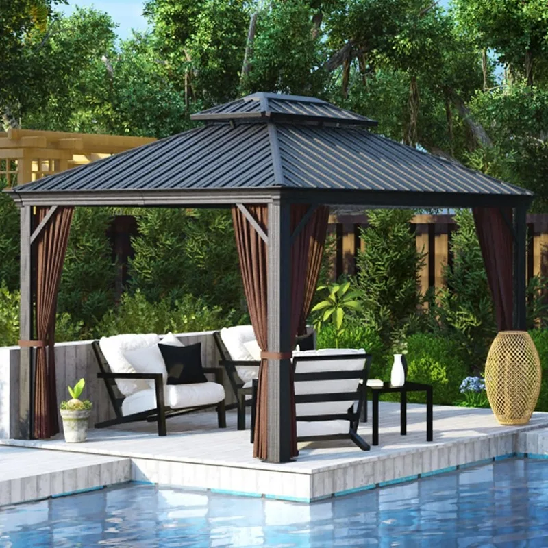 

10x12 Hardtop Gazebo, Outdoor Metal Gazebo with Netting and Curtains, Double Galvanized Steel Roof, Patio Hard Top Gazebo