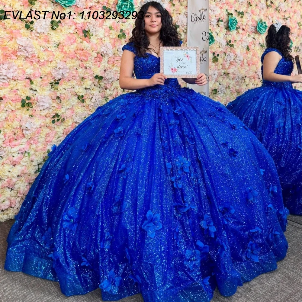 

EVLAST индивидуальное бальное платье принцессы королевского синего цвета, платье Quinceanera с 3D цветочной аппликацией и бисером, Sweet 16, Vestidos De 15 Anos E1Q922