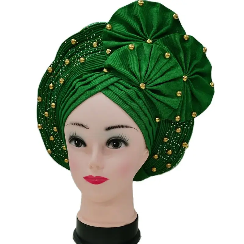 New Style Nigerian Gele Headtie Aso Oke Gele Already Made Auto Gele Aso Ebi Headtie African Turban Cap With Colorful Bead