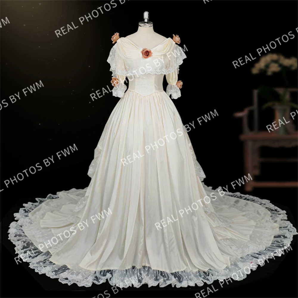 2373 #   Personalizado vintage 1920s 3d flores rendas vestido de baile para mulher plissado tafetá vestido de casamento com espartilho volta 2024