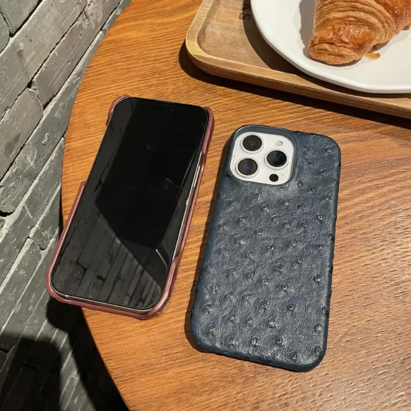 New Leather Phone Case Suitable for iPhone 16promax Ostrich Pattern 15pro 14 Half Pack 13 12 11 Hard Anti Drop Protective Cover - Image 3