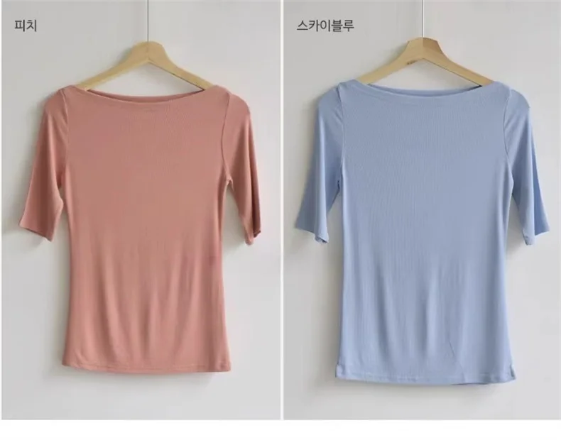 Sexy Halbarm Slim Fit Tees Koreanische 2026 Sommer Trendy Slash Neck Frauen T-shirts Off-schulter Feste Beiläufige Vielseitige top – Detail 18