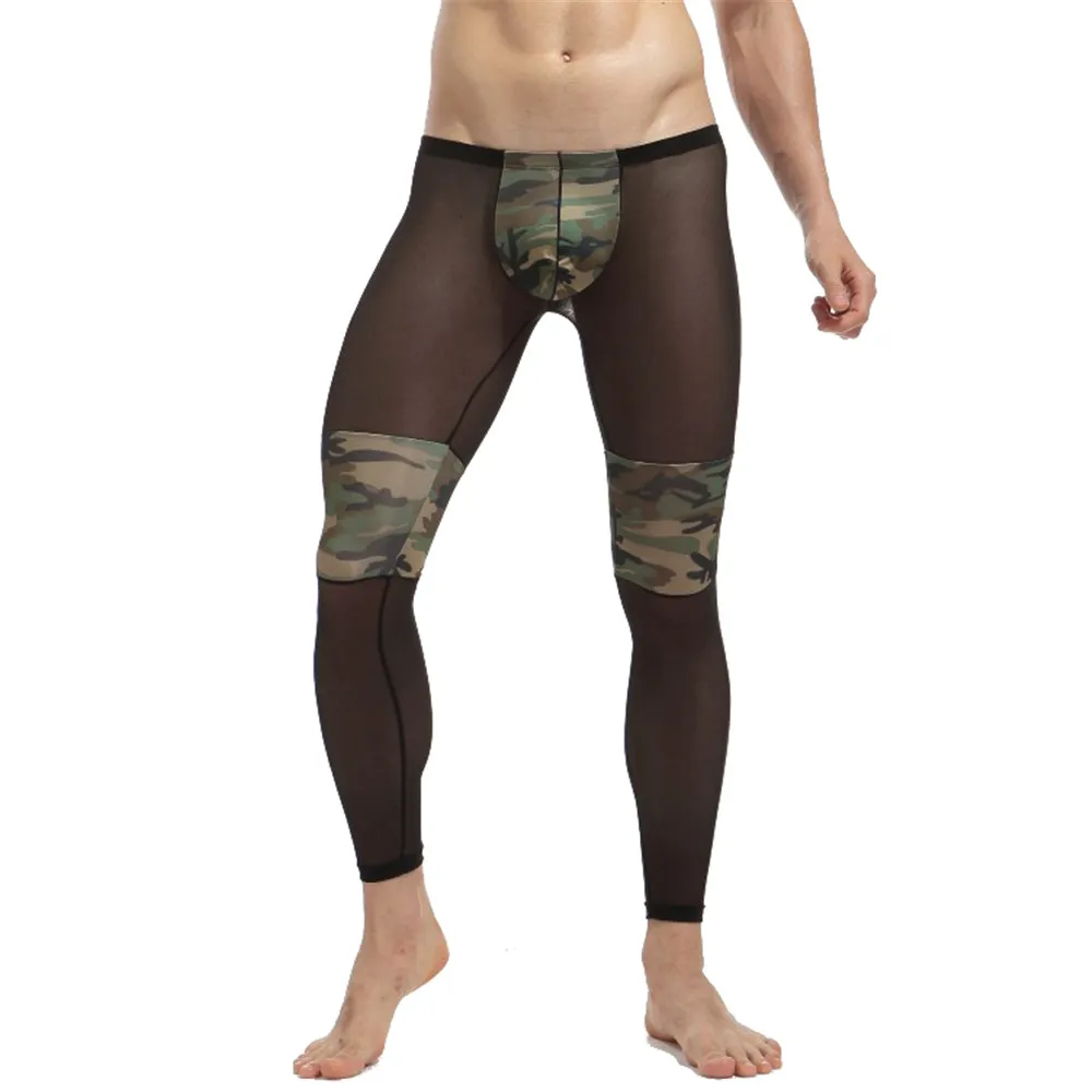 Mens Sexy Mesh Camo Long Johns Ultra-Thin Sheer Leggings Underwear Low Rise Sleep Bottoms Home Ropa Interior Hombre Pajama Pants