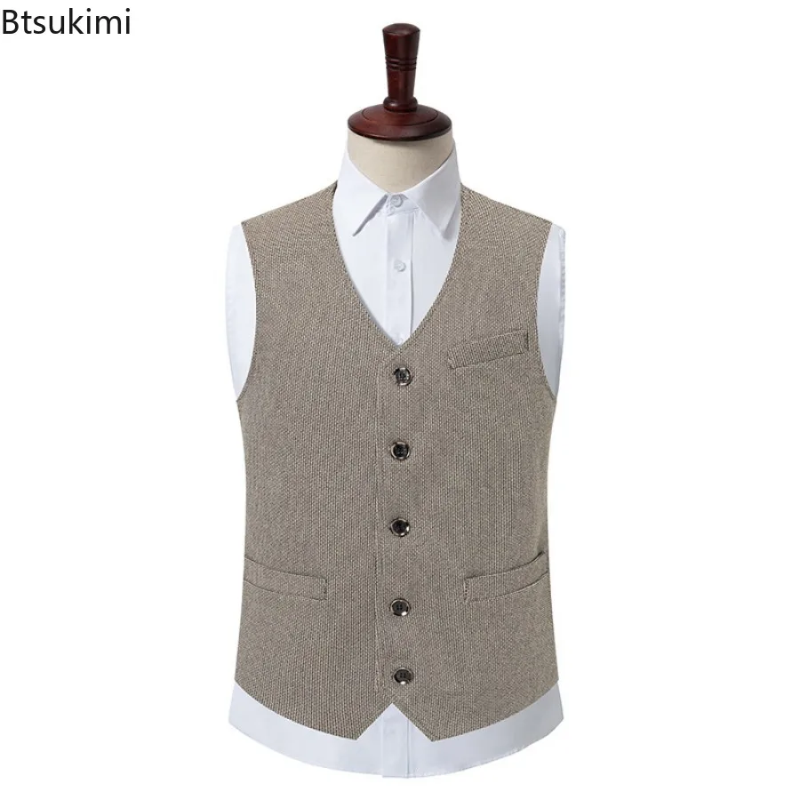 2024 Spring Autumn Vests for Men Casual Vest Jacket Wool V-neck Slim Solid Waistcoat Fashion Versatile Suit Vest Men's Clothes