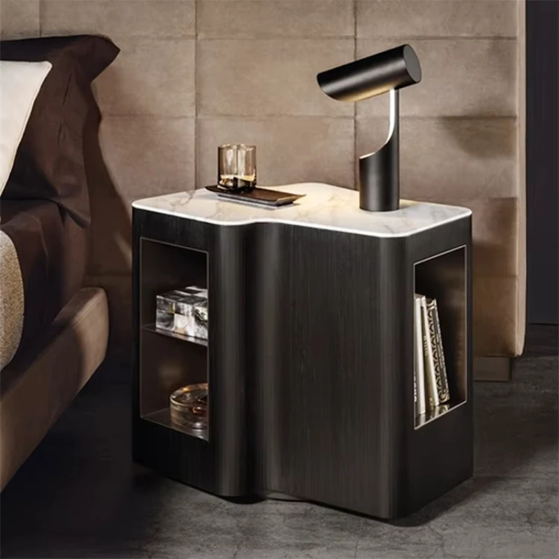 

Modern Deluxe Bedroom Bedside Table, Black Solid Wood Marble Table Top & Wooden Base Home Side Table