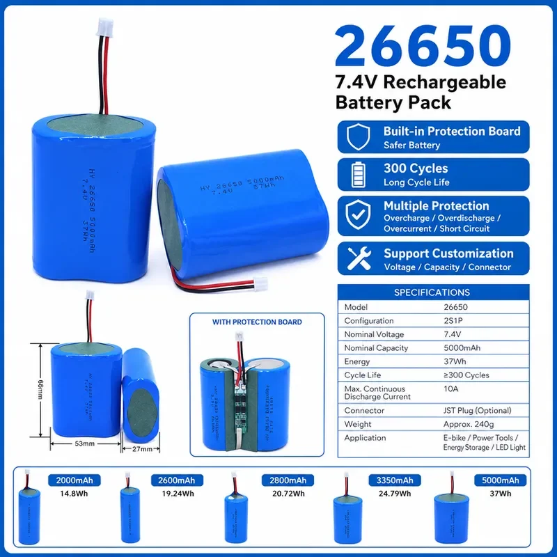100PCS for 26650 Lithium Battery 2S 7.4V Rechargeable Battery Pack with Protection Board and Output Port Power Source