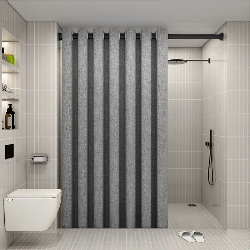 Large Ring Imitation Linen Shower Curtains, Bathroom Partition Curtain, Non-punching, Waterproof, Thickened, Modern, Simple