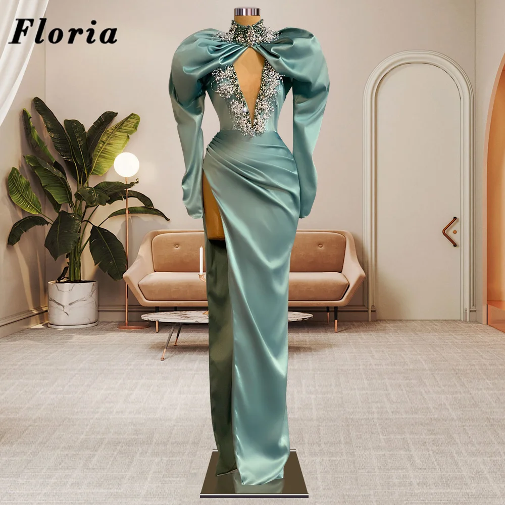 Floria Middle East Green Long Evening Dresses High Side Slit Women Beading Dress For Weddings Party Customize Dubai Prom Gowns