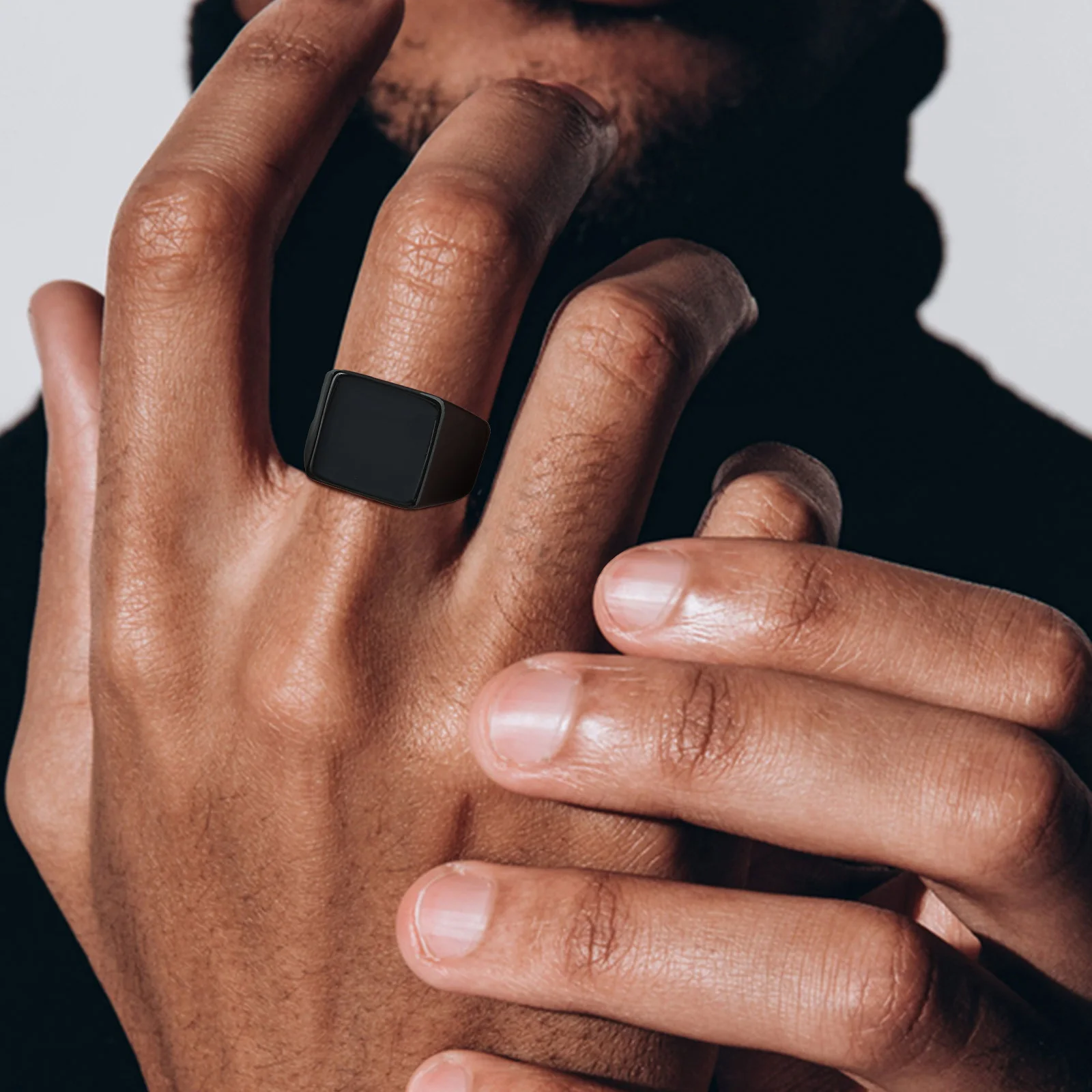 Vnox 14mm Square Top Signet Ring for Men Boys, Black Stainless Steel with Enamel Top Stamp Finger Band, Punk Simple Male Ring