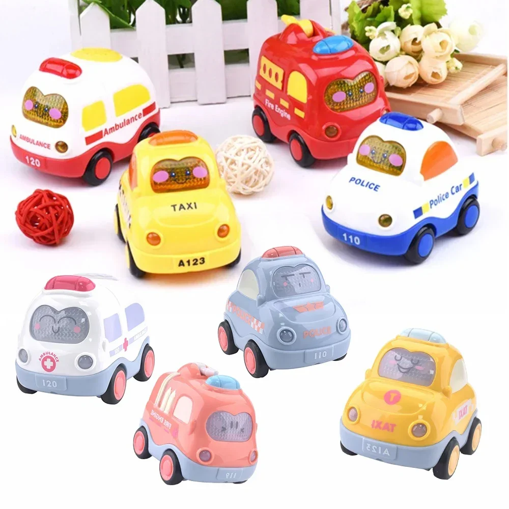 Mini jouet de voiture de dessin animé pour enfants, véhicules modèles à nervures en plastique, camion de pompier et taxi dos, cadeau pour enfants, garçons et filles