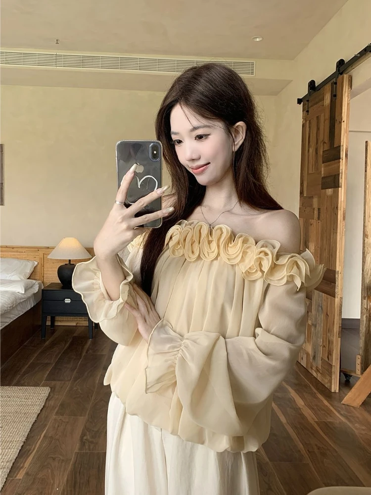 

Новая женская блузка с открытыми плечами в стиле французского кэжуал, с цветочным принтом, длинными рукавами, роскошная повседневная одежда