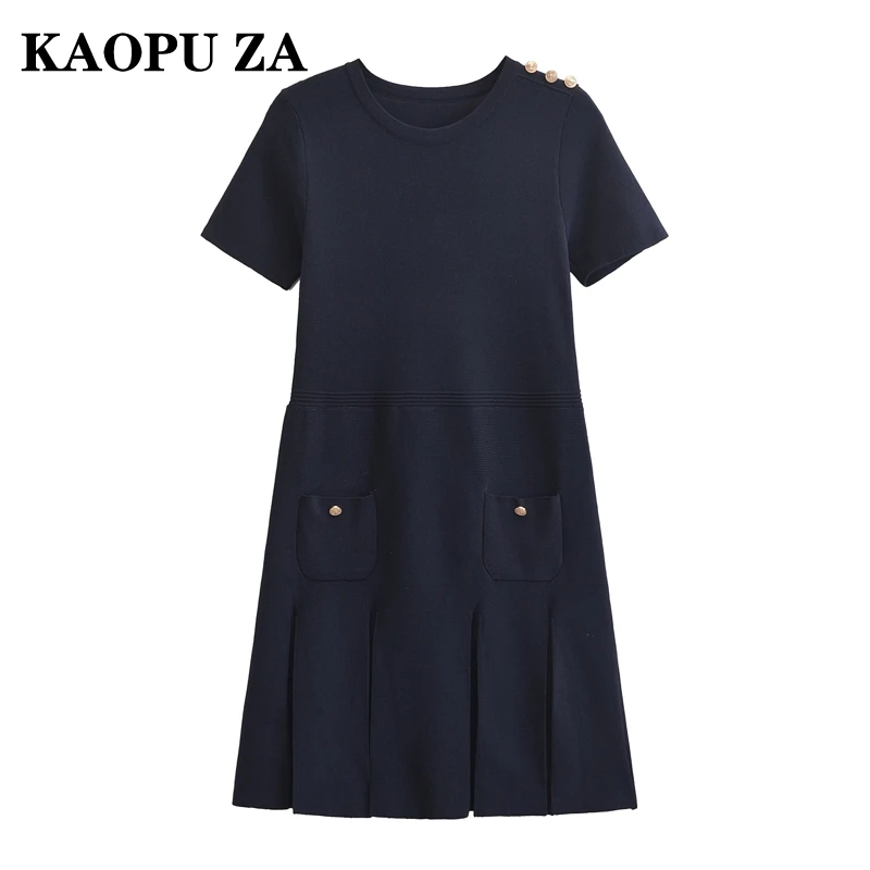 KAOPU ZA 2024 New Lady Casual Short Sleeve Dress Women's Summer Wear Solid Pleated Miniskirt Ladylike 0-Neck Top