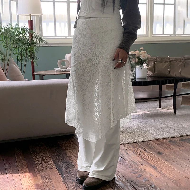 

DSMTRC Korean Fashion White Lace Maxi Asymmetrical Skirt Elegant Ruched Pleated Skirts Y2k Vintage Summer Clothes Women 2024 New