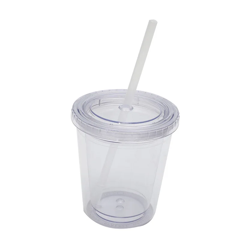 Plastic Double Wall Tumbler Cup with Straw, Black and Green Lid, Flat Lid, 350ml, 12oz, New, 2024