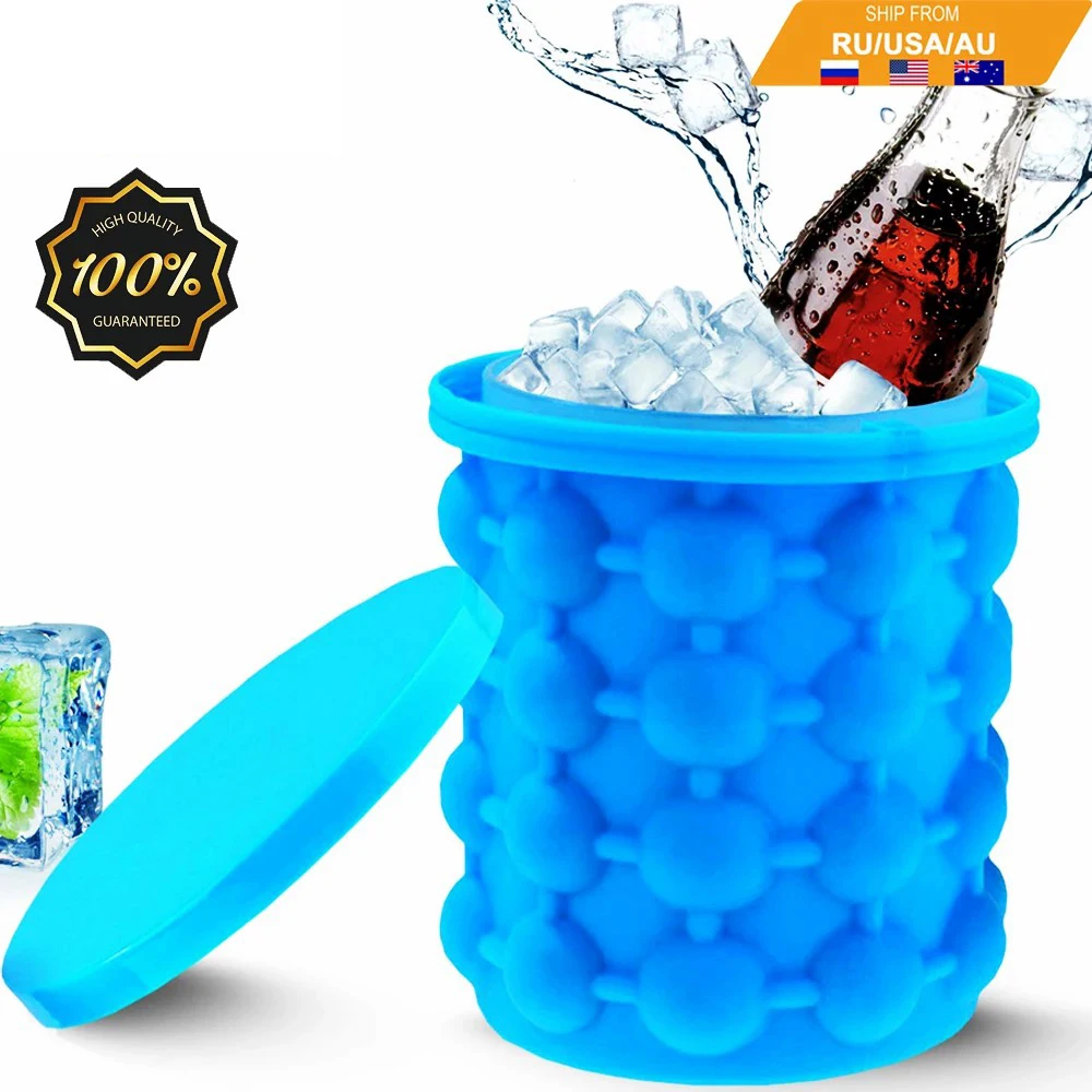 ZK20 Portable 2 in 1 Large Silicone Ice Bucket Mold with Lid Space Saving Cube Maker Tools for Kitchen Party Barware