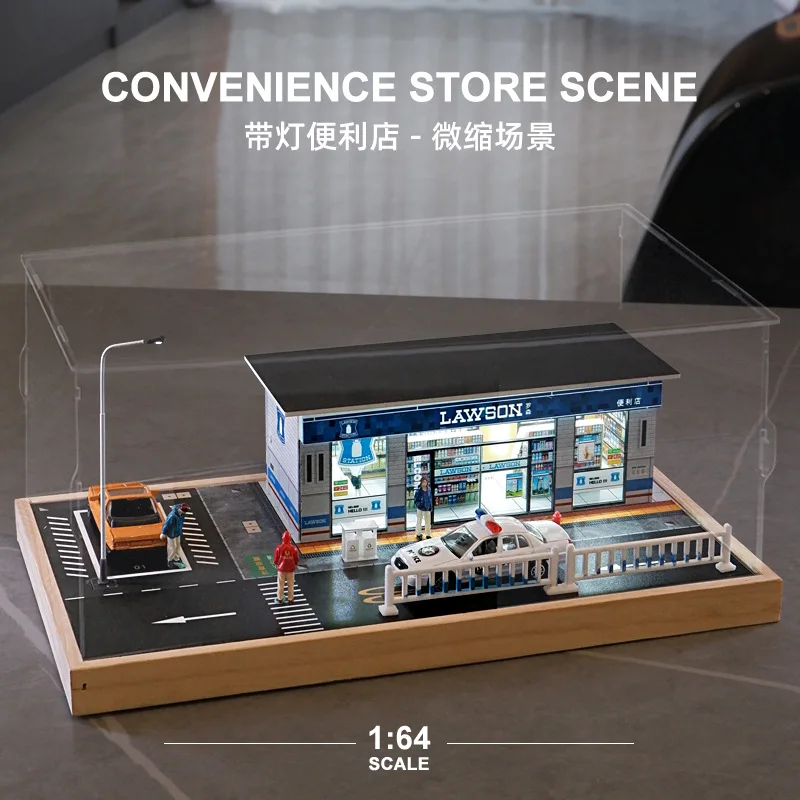 1:64 Simulation convenience store street view car parking lot model scene Solid wood with light display box